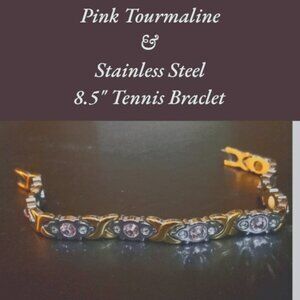 Pink Tourmaline Tennis Bracelet in Gold & Silver Toned Stainless Steel